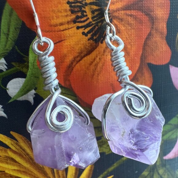 Handmade Earring Set Natural Purple Amethyst Freeform & Silver Wire Wrapping - Picture 4 of 5